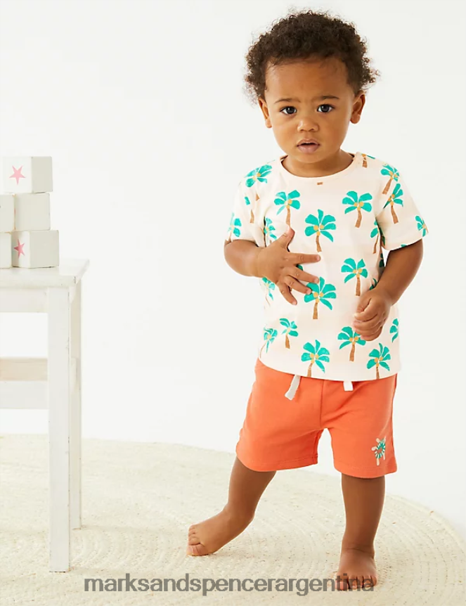 Marks & Spencer bebé camiseta de puro algodón con palmeras ropa durazno claro 46VL7506