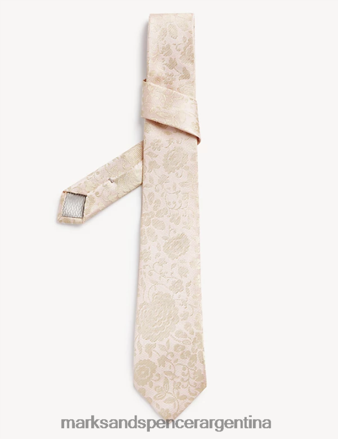 Marks & Spencer hombres Corbata fina de pura seda italiana con flores accesorios beige 46VL7198