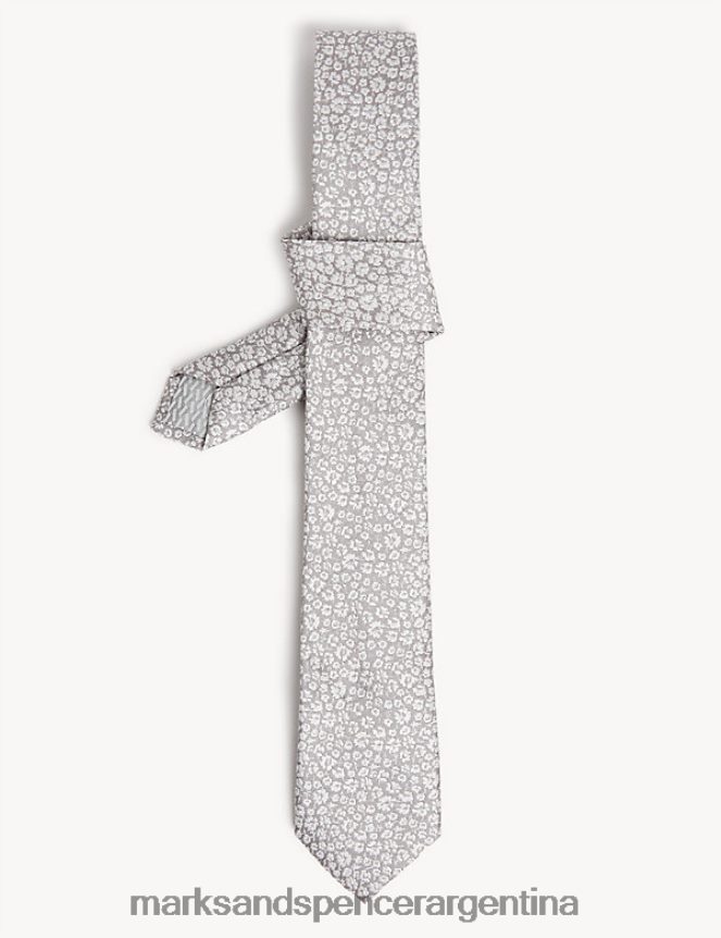Marks & Spencer hombres Corbata fina de pura seda italiana con flores accesorios plata 46VL7194