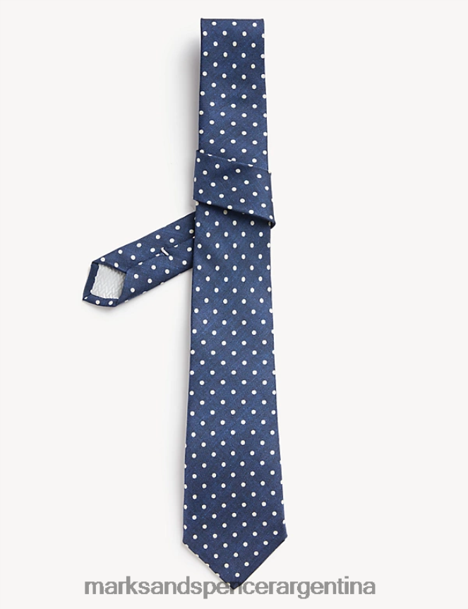 Marks & Spencer hombres Corbata fina de pura seda italiana con lunares accesorios azul 46VL7192