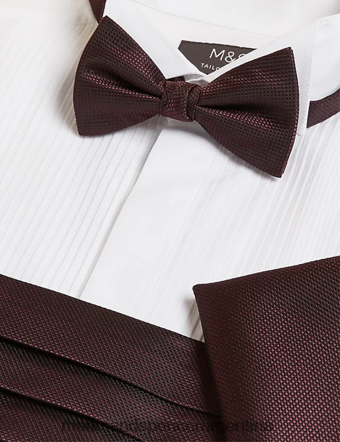 Marks & Spencer hombres conjunto de pajarita, pañuelo de bolsillo y fajín accesorios borgoña 46VL5536