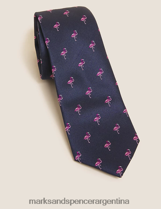 Marks & Spencer hombres corbata de pura seda con estampado de flamencos accesorios negro 46VL5322
