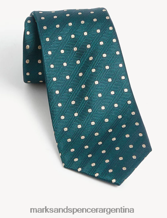 Marks & Spencer hombres corbata texturada de pura seda con lunares accesorios Pino verde 46VL5868