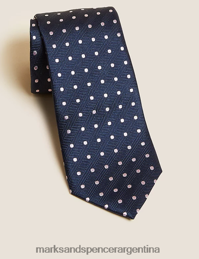 Marks & Spencer hombres corbata texturada de pura seda con lunares accesorios mezcla azul marino 46VL5866