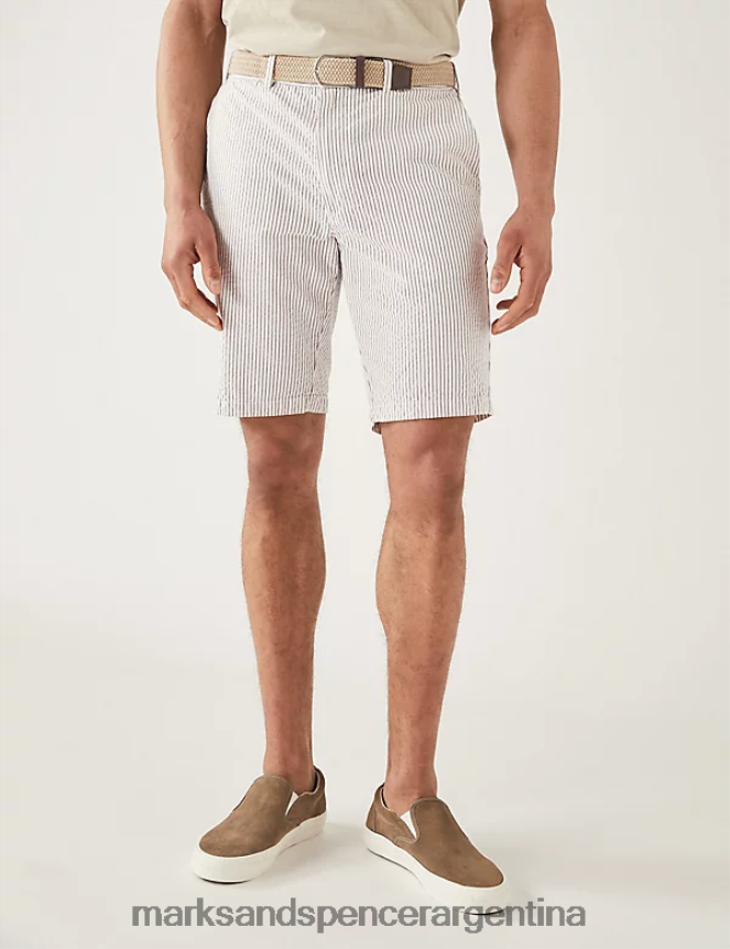 Marks & Spencer hombres shorts chinos de seersucker de puro algodón con cinturón ropa mezcla natural 46VL6242