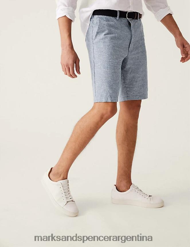 Marks & Spencer hombres shorts chinos en mezcla de lino a rayas con cinturón ropa mezcla azul marino 46VL6754