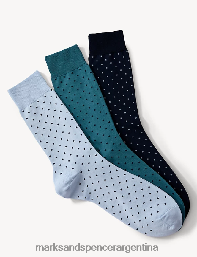 Marks & Spencer hombres Paquete de 3 calcetines de algodón pima modal con lunares ropa mezcla azul 46VL5532