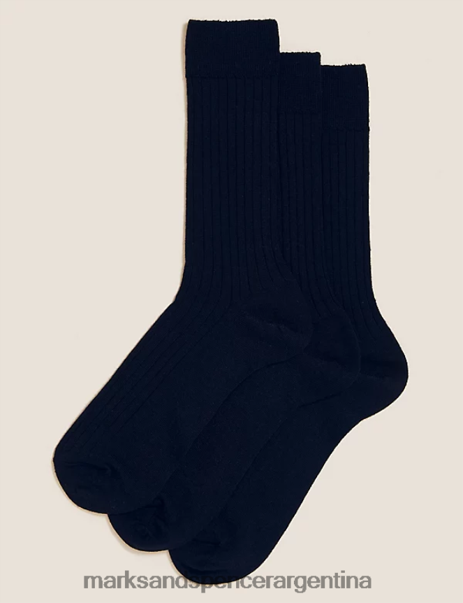 Marks & Spencer hombres Paquete de 3 calcetines elegantes de lana de cordero ropa azul marino oscuro 46VL7462