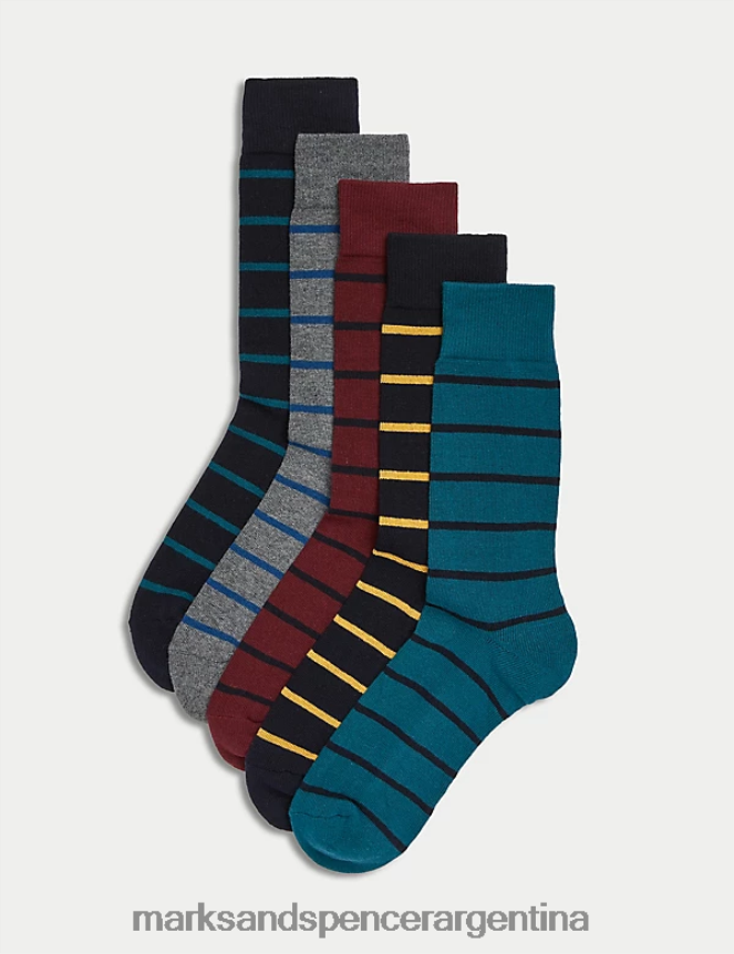 Marks & Spencer hombres Paquete de 5 calcetines frescos y frescos de algodón a rayas ropa multi 46VL5222