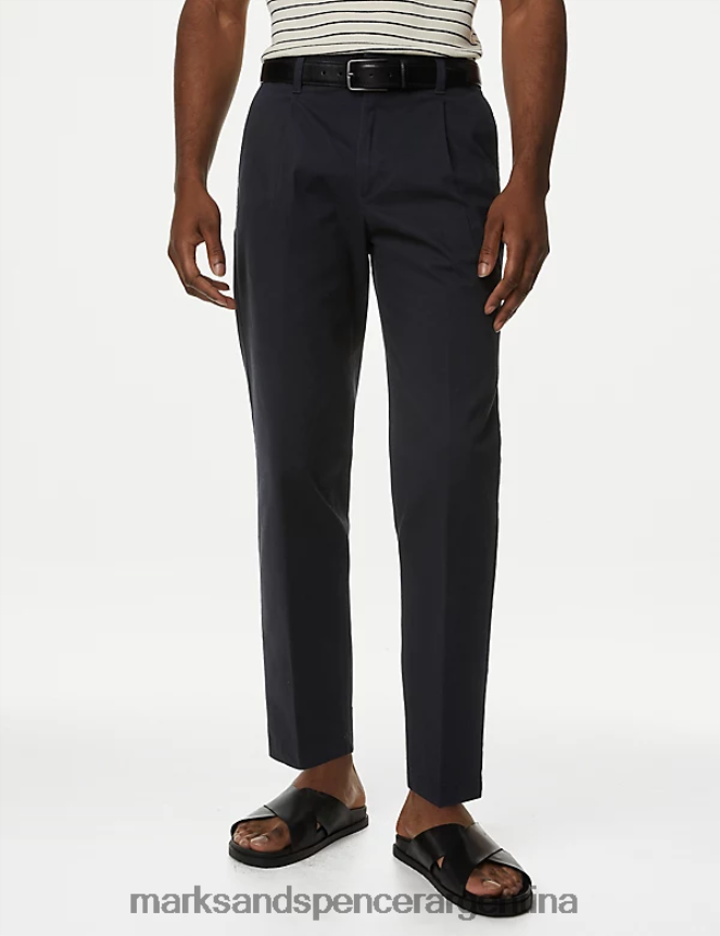 Marks & Spencer hombres pantalones chinos elásticos con pliegue simple y corte regular ropa azul marino oscuro 46VL5262