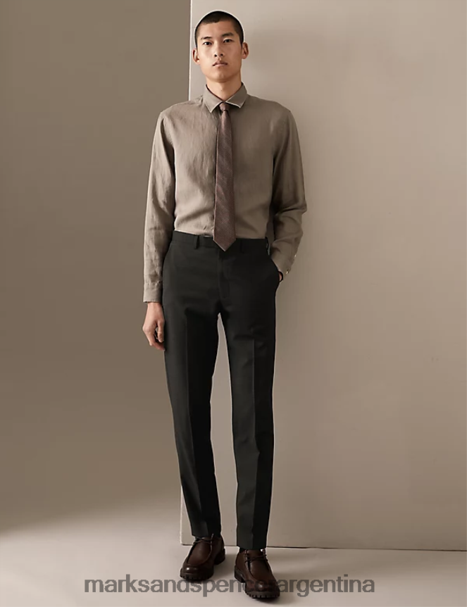 Marks & Spencer hombres pantalones texturizados de pura lana de corte entallado ropa marron oscuro 46VL5376