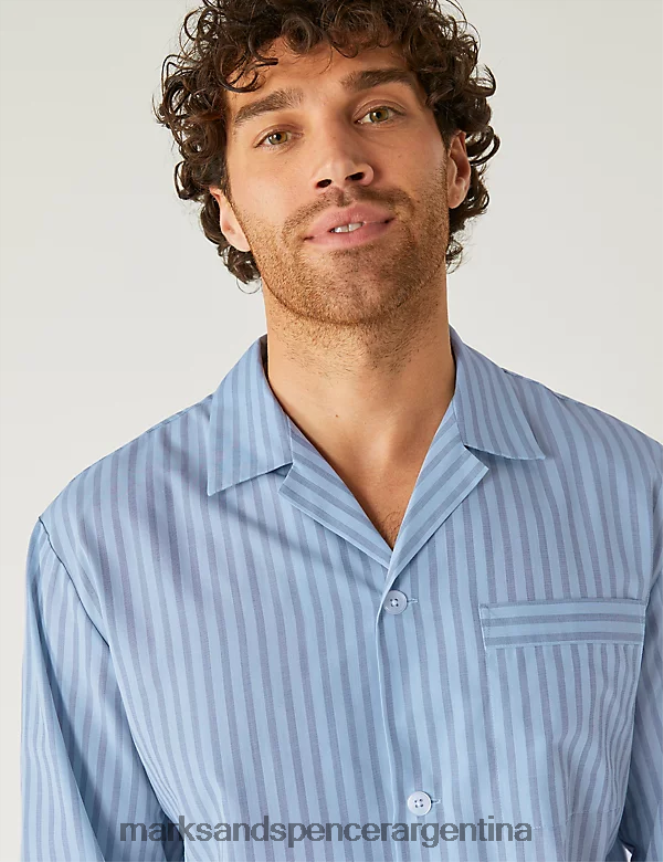 Marks & Spencer hombres Conjunto de pijama con rayas de bengala en mezcla de algodón ropa mezcla azul 46VL5758