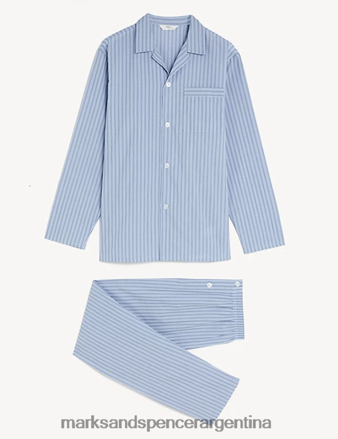 Marks & Spencer hombres Conjunto de pijama con rayas de bengala en mezcla de algodón ropa mezcla azul 46VL5758