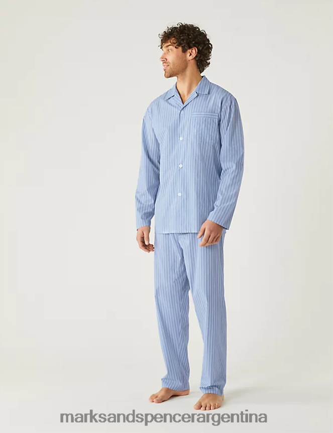 Marks & Spencer hombres Conjunto de pijama con rayas de bengala en mezcla de algodón ropa mezcla azul 46VL5758