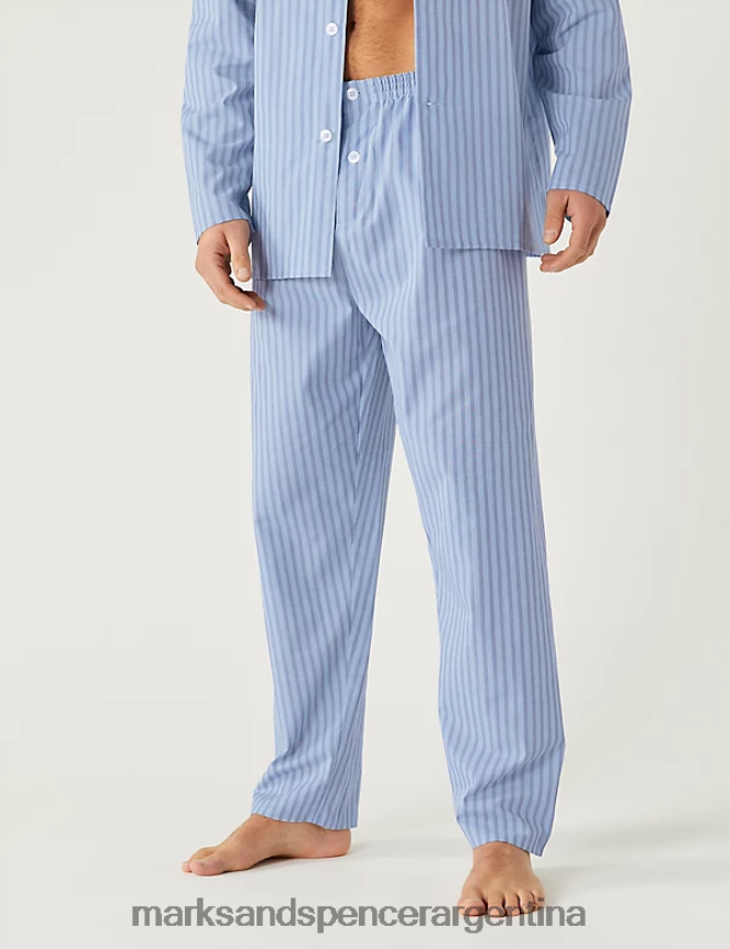 Marks & Spencer hombres Conjunto de pijama con rayas de bengala en mezcla de algodón ropa mezcla azul 46VL5758