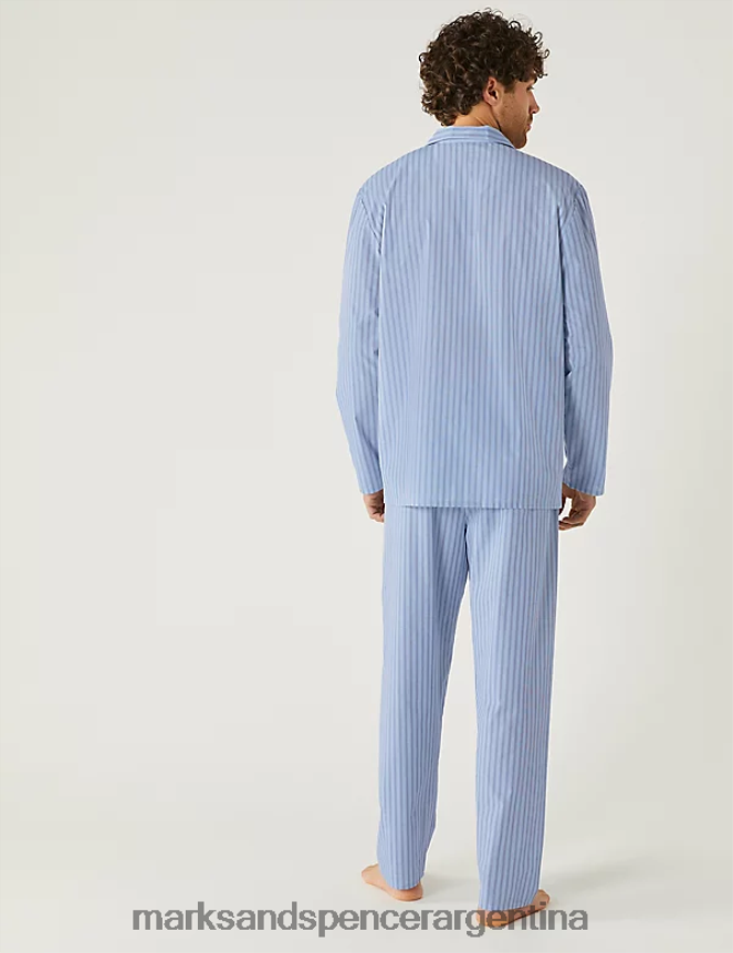 Marks & Spencer hombres Conjunto de pijama con rayas de bengala en mezcla de algodón ropa mezcla azul 46VL5758