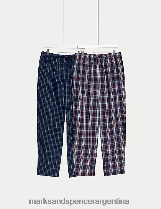 Marks & Spencer hombres Pack de 2 pantalones de pijama de cuadros de puro algodón ropa mezcla azul marino 46VL4752