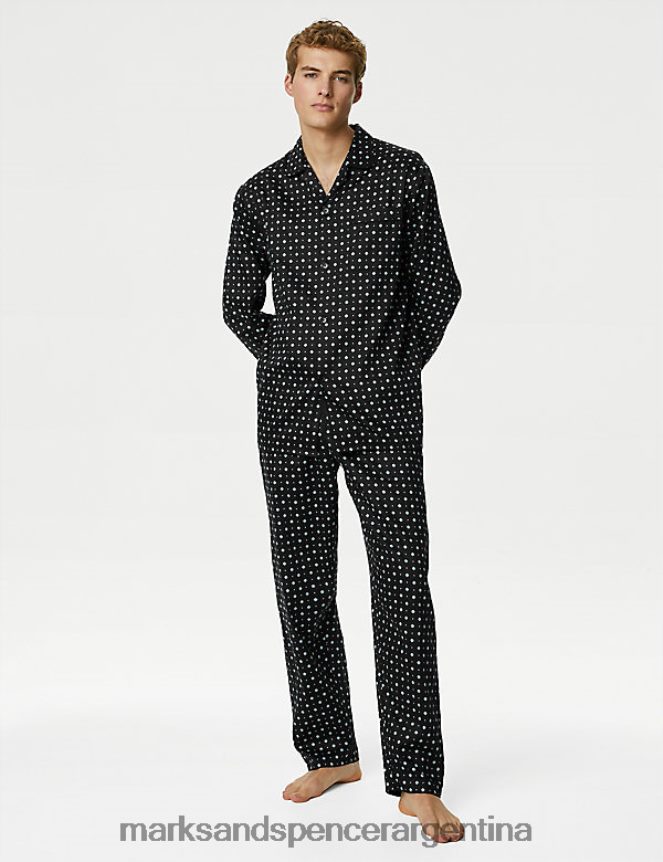 Marks & Spencer hombres conjunto de pijama de puro algodón estampado ropa mezcla negra 46VL4988