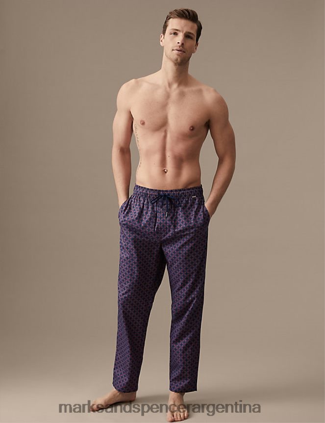 Marks & Spencer hombres pantalones de pijama con estampado geométrico rico en algodón ropa mezcla azul marino 46VL5524