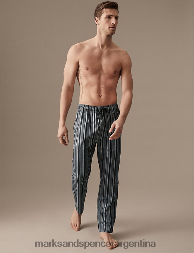 Marks & Spencer hombres pantalones de pijama con rayas ricas en algodón ropa mezcla negra 46VL5382