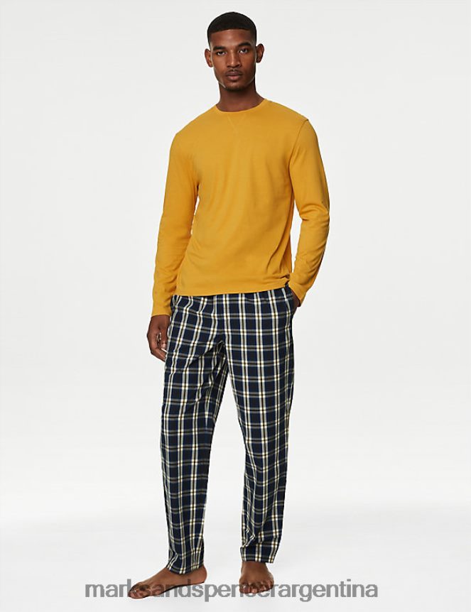 Marks & Spencer hombres pijama de puro algodón a cuadros ropa mezcla amarilla 46VL4966