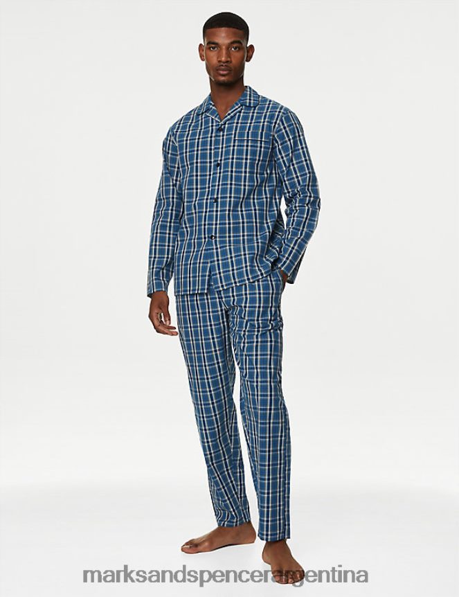 Marks & Spencer hombres pijama de puro algodón a cuadros ropa mezcla azul 46VL5004