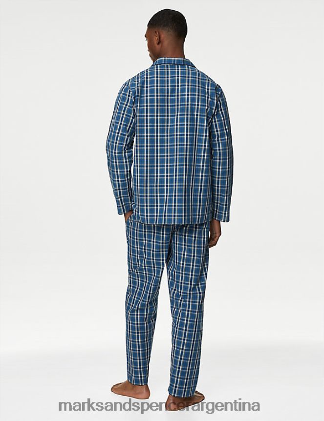 Marks & Spencer hombres pijama de puro algodón a cuadros ropa mezcla azul 46VL5004