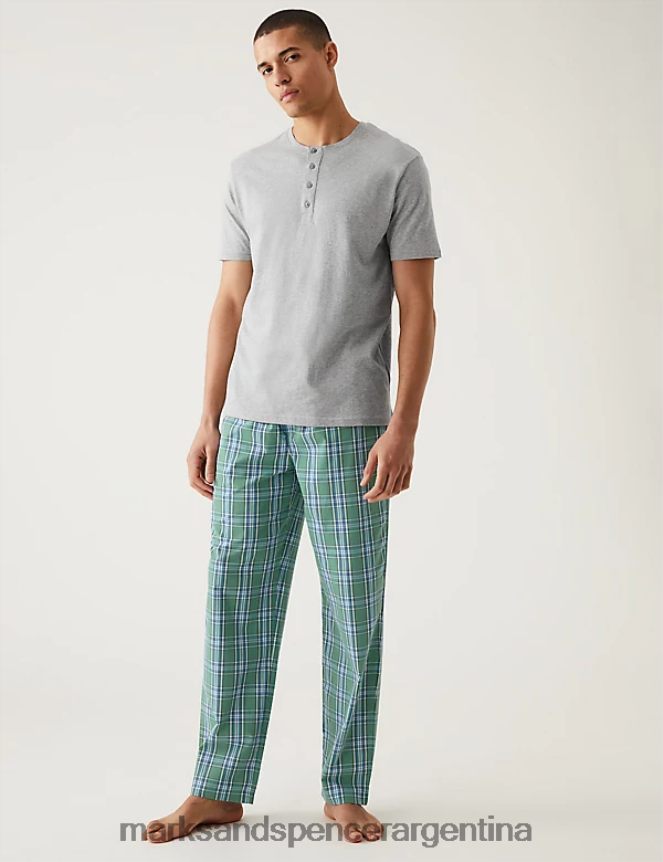 Marks & Spencer hombres pijama de puro algodón a cuadros ropa mezcla gris 46VL5616