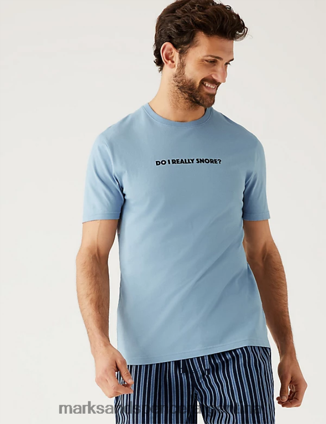 Marks & Spencer hombres pijama de puro algodón a rayas con eslogan ropa mezcla azul 46VL6418
