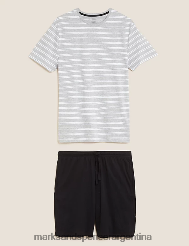 Marks & Spencer hombres pijama de puro algodón a rayas ropa mezcla gris 46VL5454