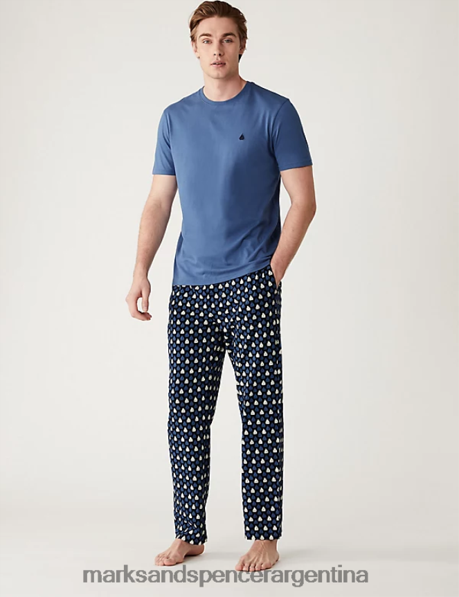 Marks & Spencer hombres pijama de puro algodón con estampado de barcos ropa mezcla azul marino 46VL5686