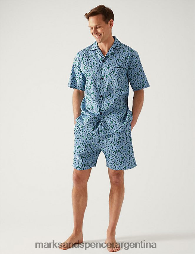 Marks & Spencer hombres pijama de puro algodón con estampado de cactus ropa mezcla azul 46VL5006