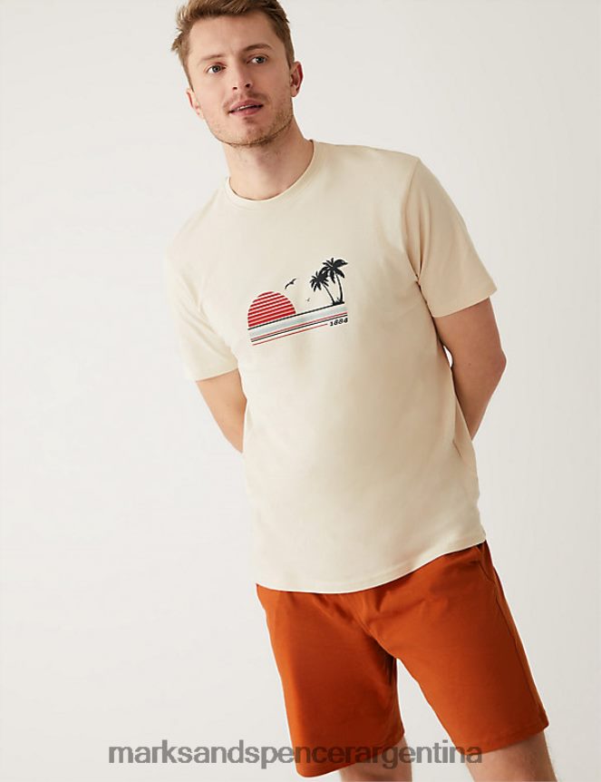 Marks & Spencer hombres pijama de puro algodón con estampado de puesta de sol ropa mezcla roja 46VL6848