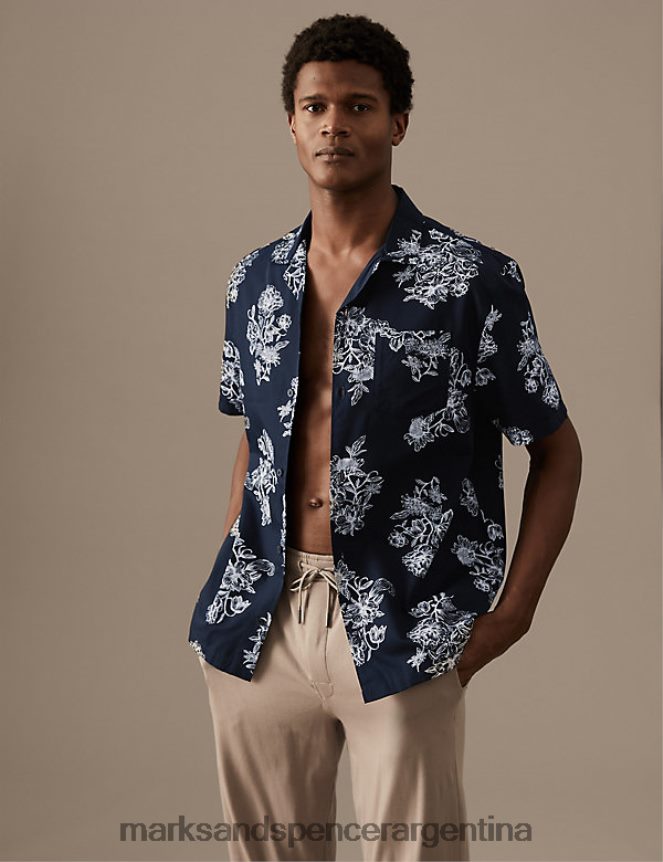 Marks & Spencer hombres top de pijama con estampado floral rico en algodón ropa mezcla azul marino 46VL6516