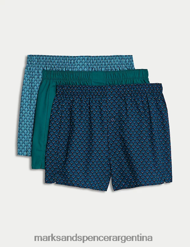 Marks & Spencer hombres Paquete de 3 calzoncillos tejidos con estampado de abanicos de puro algodón ropa turquesa medio 46VL4832
