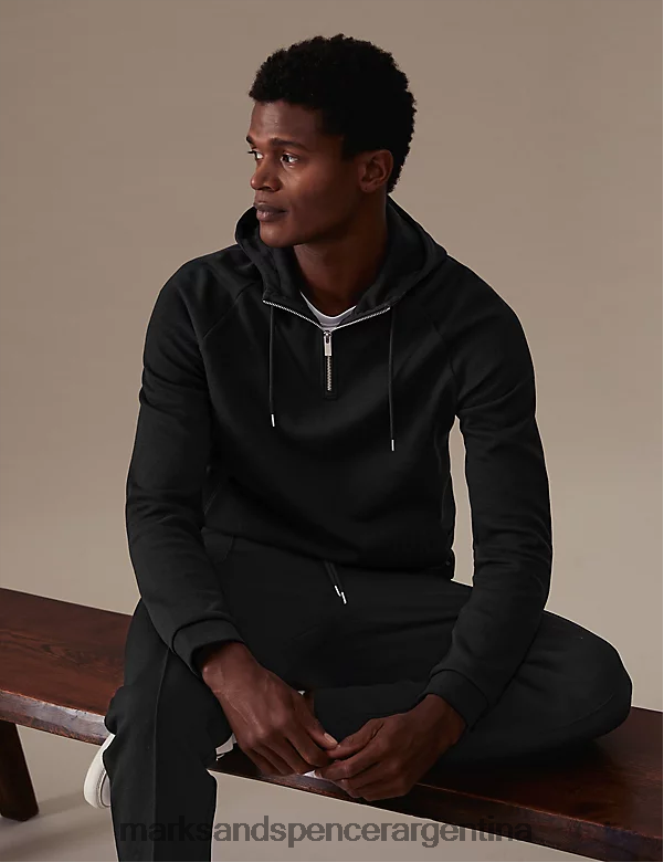Marks & Spencer hombres sudadera con capucha y media cremallera en mezcla de algodón ropa negro 46VL7088