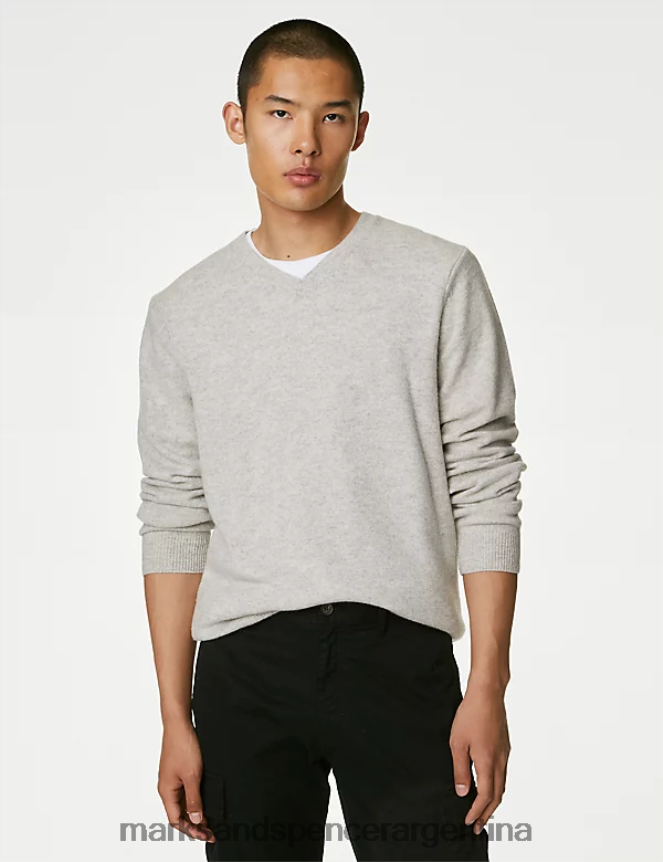 Marks & Spencer hombres Jersey de pura lana de cordero extrafina con cuello en V ropa Perla gris 46VL6898