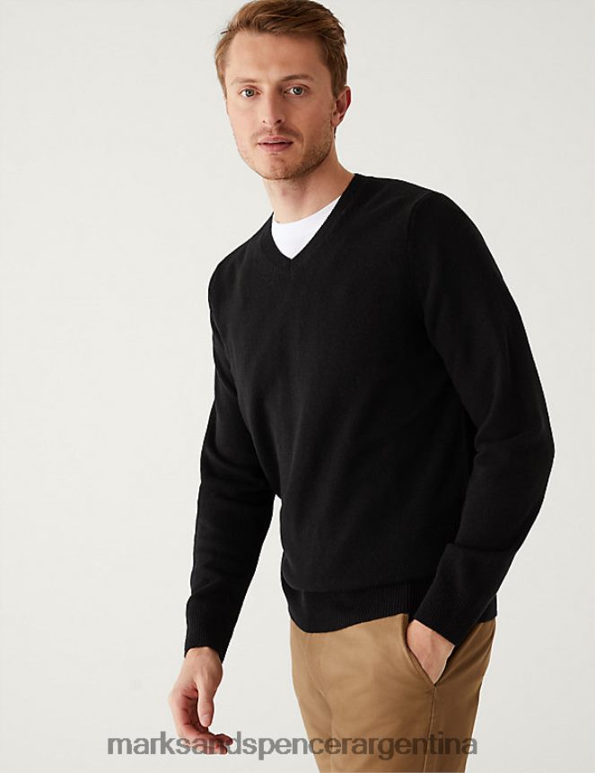 Marks & Spencer hombres Jersey de pura lana de cordero extrafina con cuello en V ropa negro 46VL7482