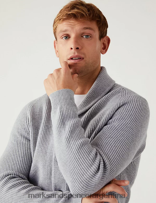 Marks & Spencer hombres cárdigan de mezcla de algodón con cuello chal ropa gris 46VL6886