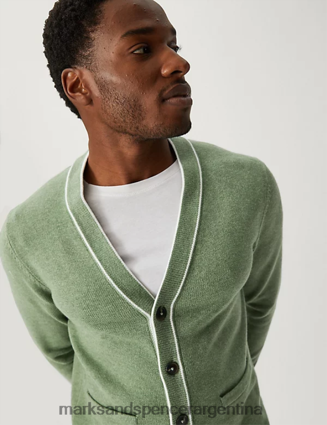 Marks & Spencer hombres cárdigan en mezcla de algodón con ribetes y cuello en V ropa mezcla verde 46VL5100