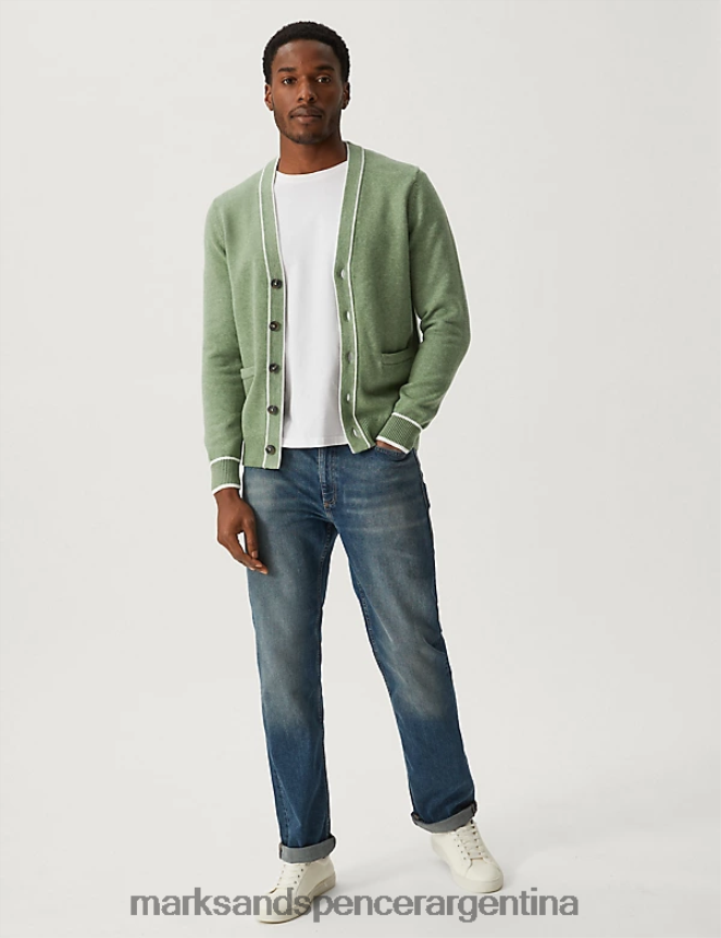 Marks & Spencer hombres cárdigan en mezcla de algodón con ribetes y cuello en V ropa mezcla verde 46VL5100