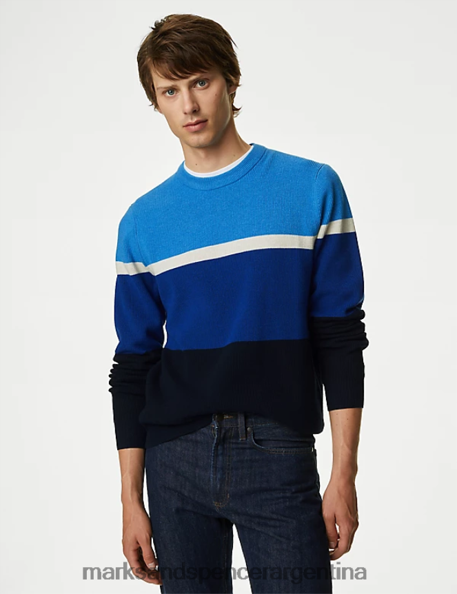 Marks & Spencer hombres jersey con cuello redondo y rayas en bloque de mezcla de algodón ropa mezcla azul 46VL5354
