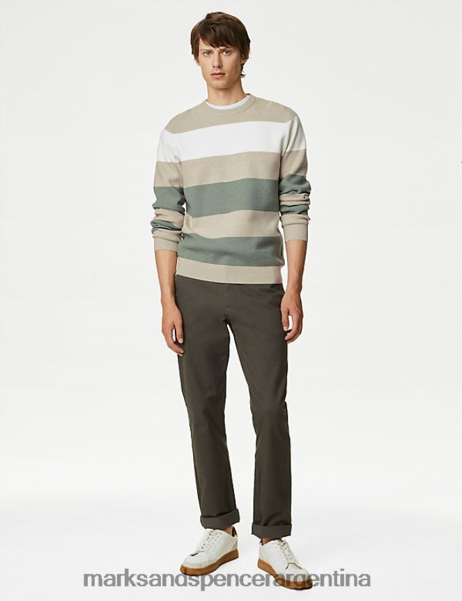 Marks & Spencer hombres jersey con cuello redondo y rayas en bloque de mezcla de algodón ropa mezcla cruda 46VL5748