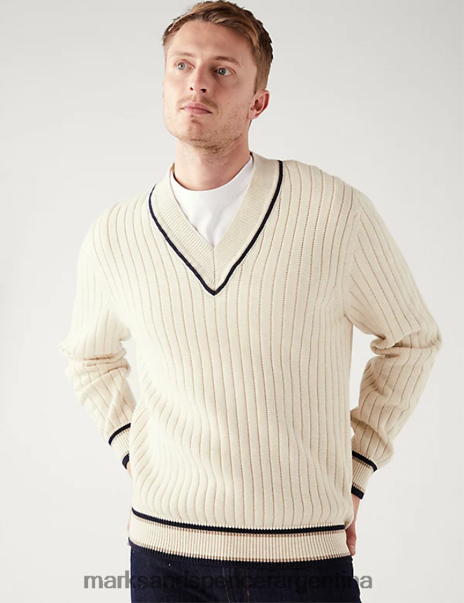 Marks & Spencer hombres jersey de canalé en mezcla de algodón con cuello en V ropa mezcla cruda 46VL6668