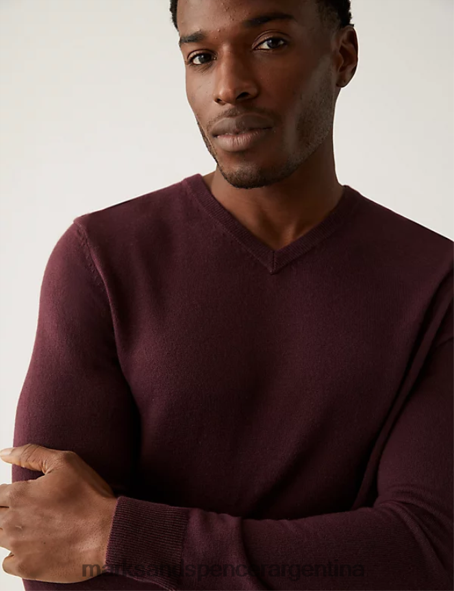 Marks & Spencer hombres jersey de cashmilon con cuello en V ropa borgoña 46VL6012