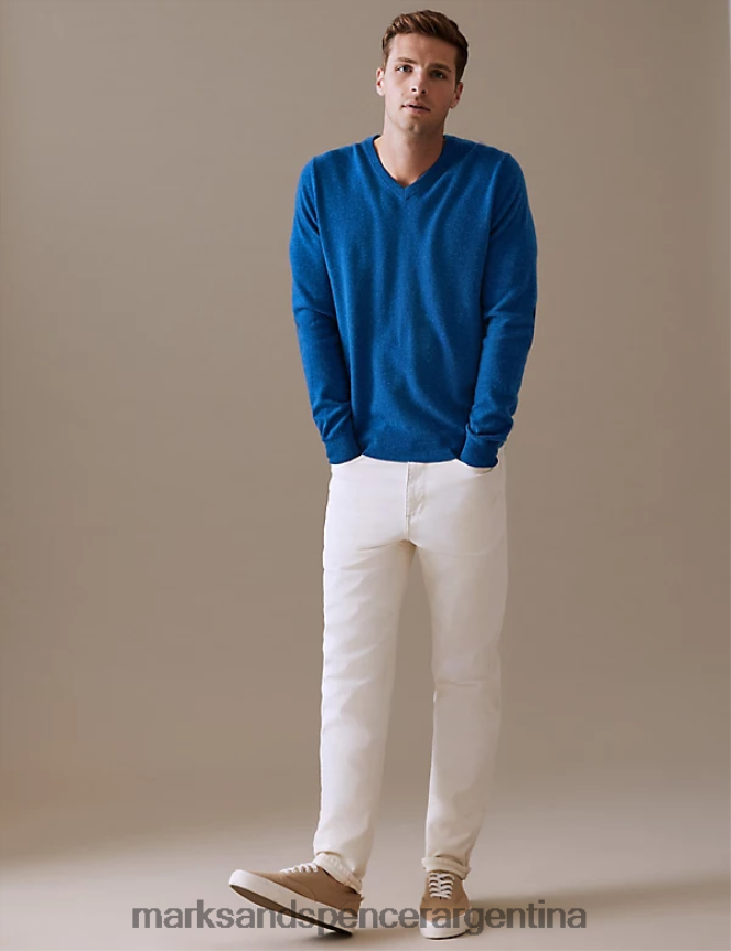 Marks & Spencer hombres jersey de pura cachemira con cuello en V ropa azul brillante 46VL6984