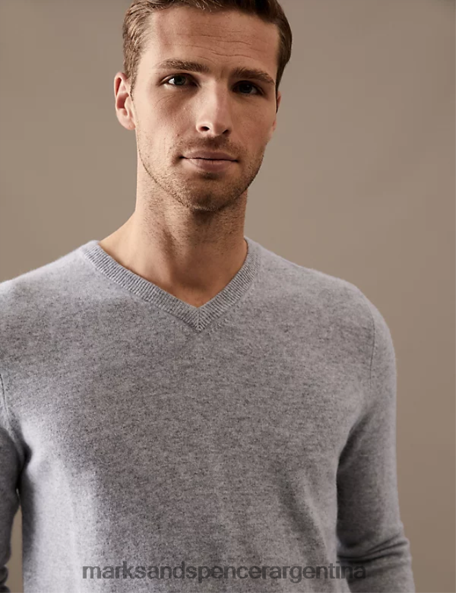 Marks & Spencer hombres jersey de pura cachemira con cuello en V ropa gris claro 46VL7324