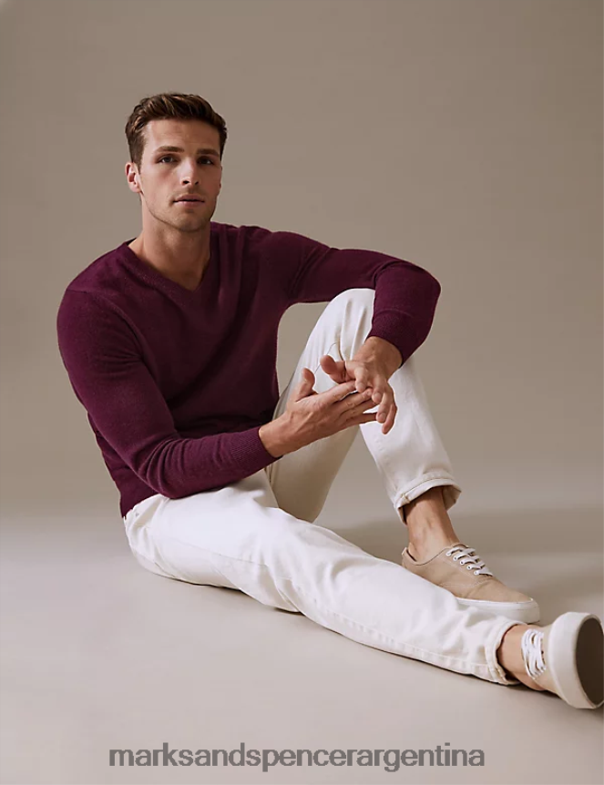 Marks & Spencer hombres jersey de pura cachemira con cuello en V ropa magenta 46VL7322