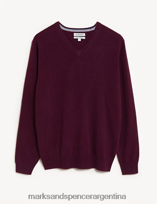 Marks & Spencer hombres jersey de pura cachemira con cuello en V ropa magenta 46VL7322