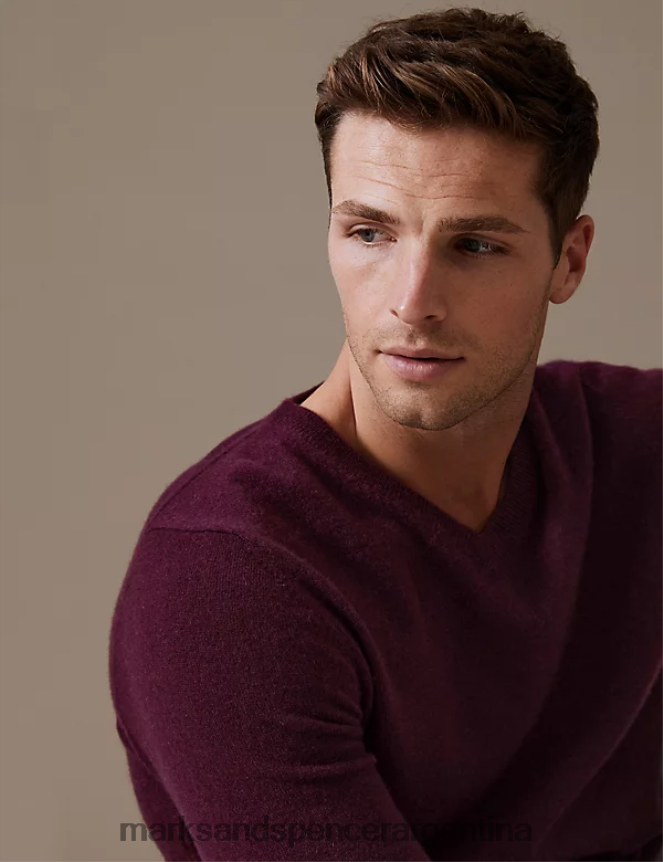 Marks & Spencer hombres jersey de pura cachemira con cuello en V ropa magenta 46VL7322